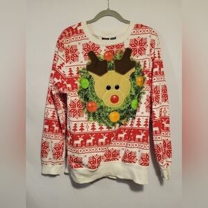 Mad Engine Red White Reindeer Christmas Wreath Crewneck Sweatshirt